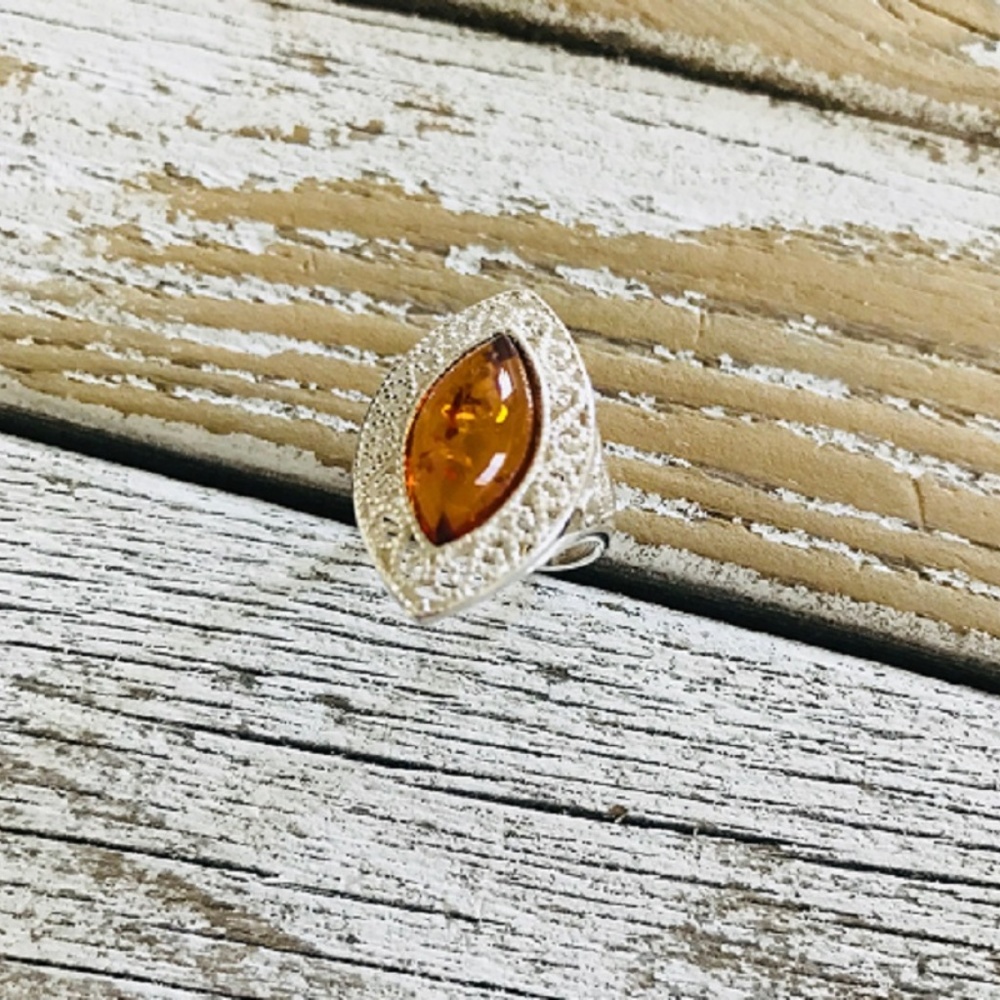 Marquise Baltic Amber Scroll Edge Ring